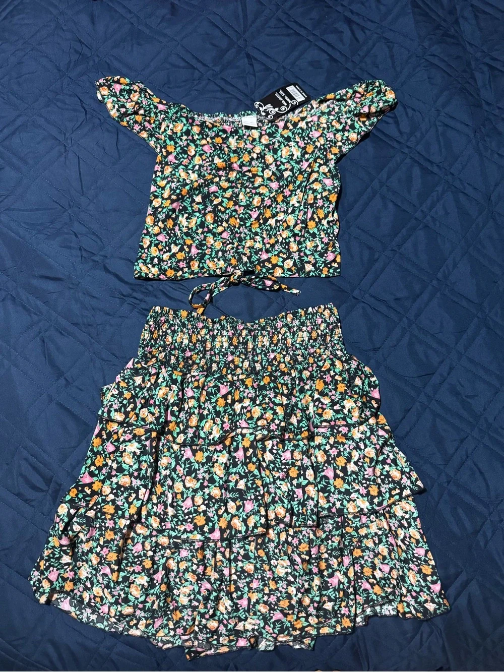 Floral Tiered Skirt & Crop Top Set - Black Floral